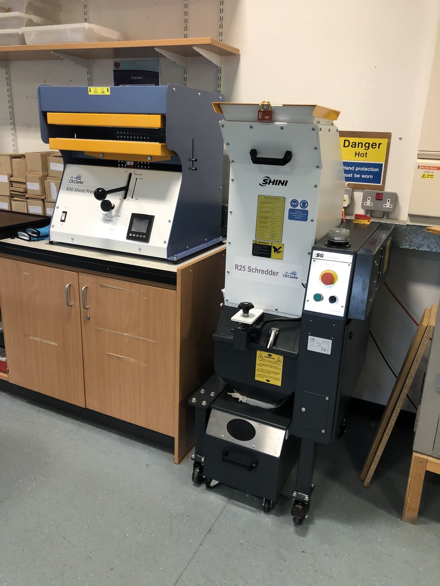 Delighted that our new shredder and sheet press have FINALLY arrived!! 
We can’t wait to start recycling!