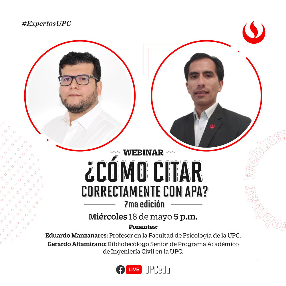 UPCedu's tweet photo. #ExpertosUPC te ayudarán a despejar todas tus dudas sobre cómo realizar una cita correcta en tu #tesis según las normas APA, 7ma edición.
▪ Conéctate HOY a las 5 p.m. a través de nuestra página de Facebook: https://t.co/tXrKuhzAhI
#APA #APA7 #webinar https://t.co/IQXJNdXVwD
