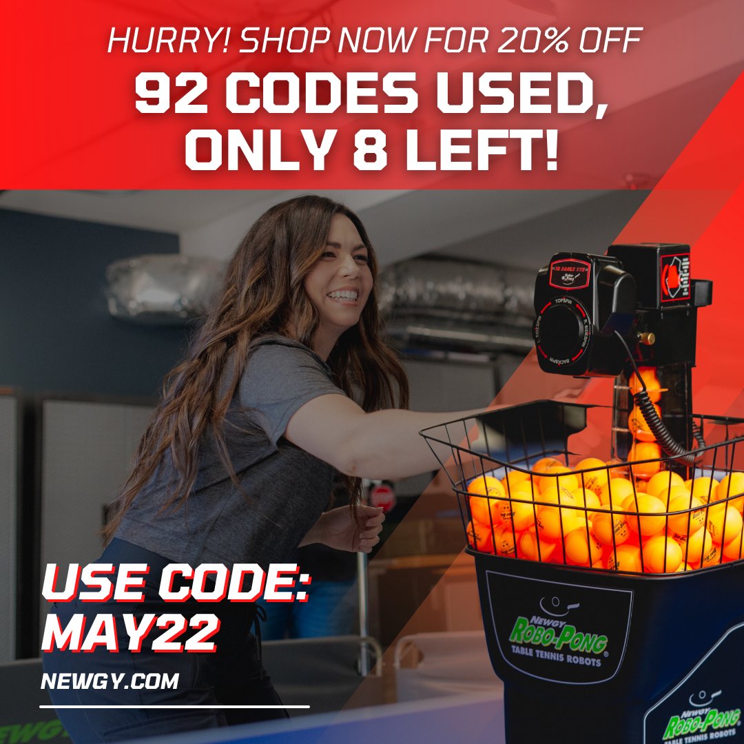 ⚠️   DON'T WAIT! ONLY A FEW CODES LEFT! 

Receive the best prices of the year so far AND 20% OFF all new Robo-Pong Robots.
Use Code MAY22 before it's too late! 🔥

Link --> Newgy.com