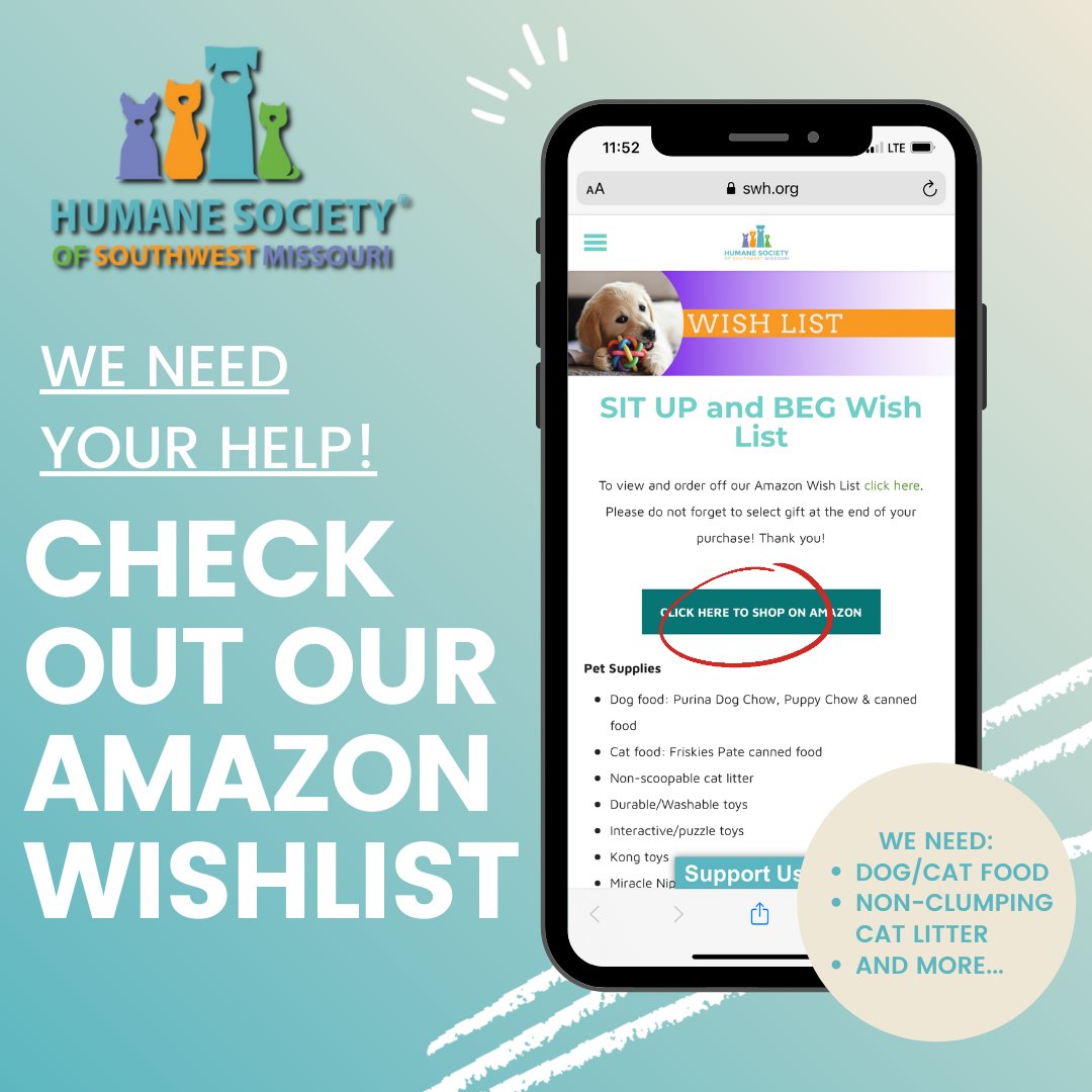 Did you know we have an Amazon Wishlist?!

Right now, we need more dog/cat food, non-clumping cat litter, and and more! You can find all of of our desired items on our Amazon Wishlist: swh.org/wish-list.html

We can’t do what we do without YOU!