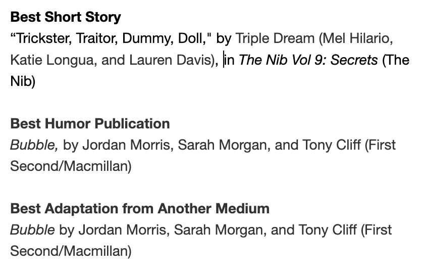 Congratulations to <a href="/HillNadell/">Hill Nadell Literary Agency</a> clients <a href="/TripleDreamTeam/">TripleDreamComics</a> <a href="/katiesaurusrex/">Katie Longua</a> <a href="/LaurenDavis/">Lauren Davis</a> <a href="/melhilario/">Mel Hilario</a> <a href="/Jordan_Morris/">Jordan Morris</a> on their Eisner nominations! 😍🥳✍️👀🎆
Full list of all the fantastic noms:  
comic-con.org/awards/eisner-…
