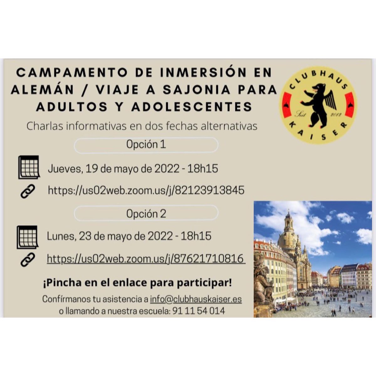 ▶️ ¡Conéctate a Zoom 🗣🖥 mañana JUEVES 19 o el próximo LUNES 23, e infórmate de los detalles del #CampamentoDeVerano 🏕☀️ de #ClubHausKaiser! 🤙🏻🇩🇪

📝 Más información, escribiendo a:

📩 info@clubhauskaiser.es
