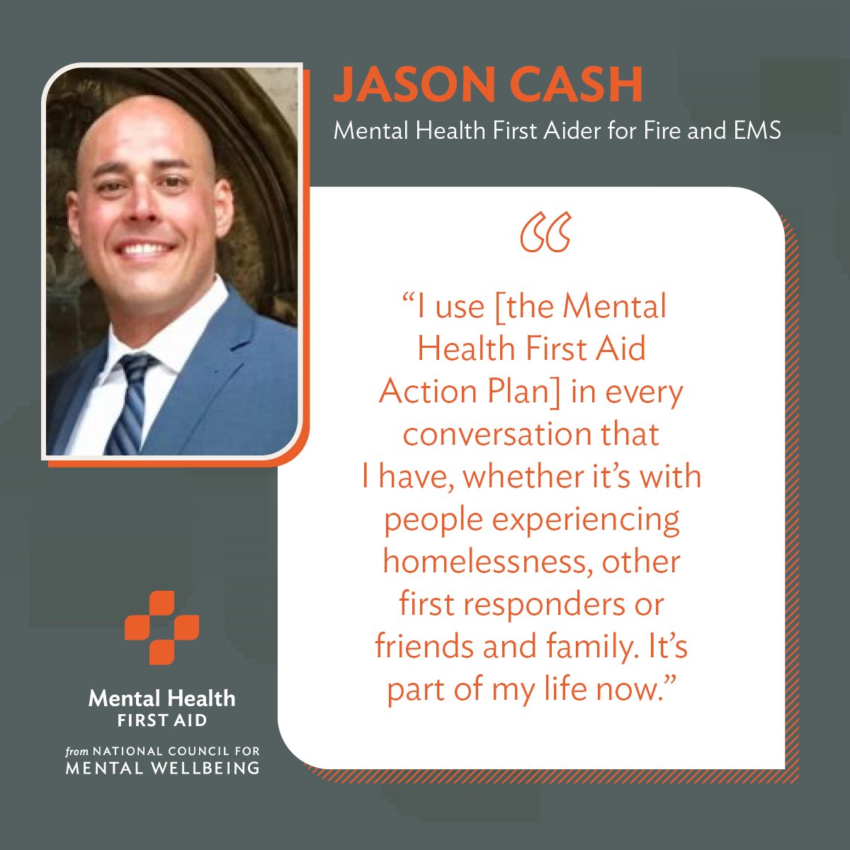 MHFirstAidUSA's tweet photo. Two millionth Mental Health First Aider and firefighter, Jason Cash, shares how our MHFA for Fire and EMS course helped him in his training to take care of his own mental health and to help those around him. Read more: https://t.co/a8ZRSiOpYK #EMSWeek https://t.co/Au6YrkAMY7