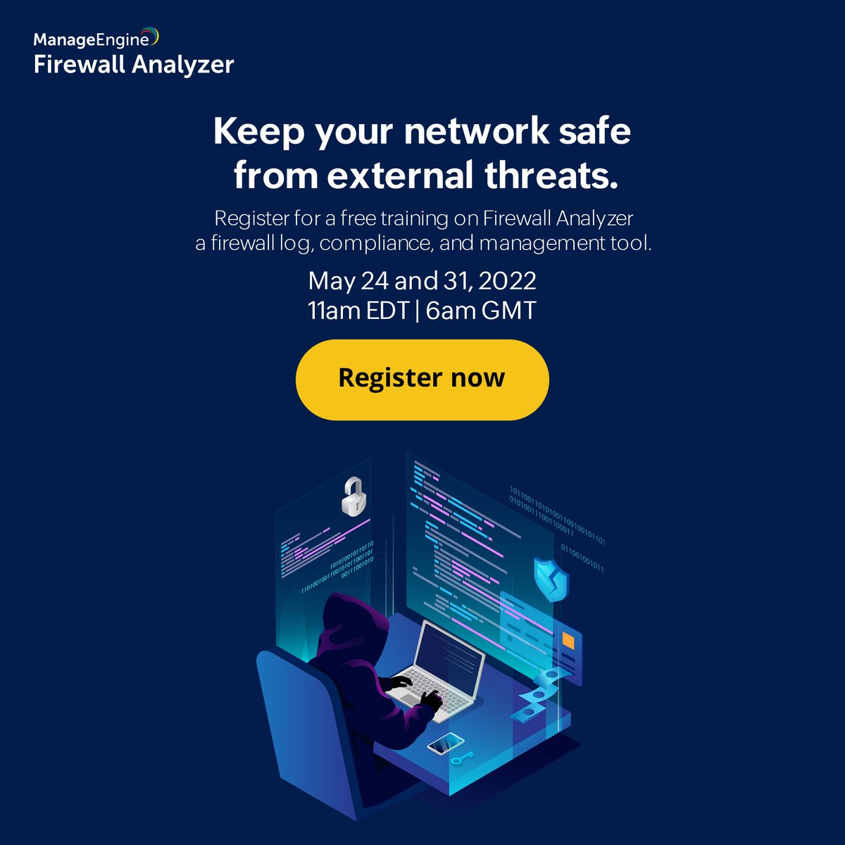 manageengine's tweet photo. Implementing network security for a hybrid workforce can be especially taxing. Is your network safe from attackers? Join our free Firewall Analyzer training and learn how to keep your network secure.
https://t.co/swG3K3FZXs
#cybersecurity #firewallanalyzer #networksecurity https://t.co/GCEDQfHDj0