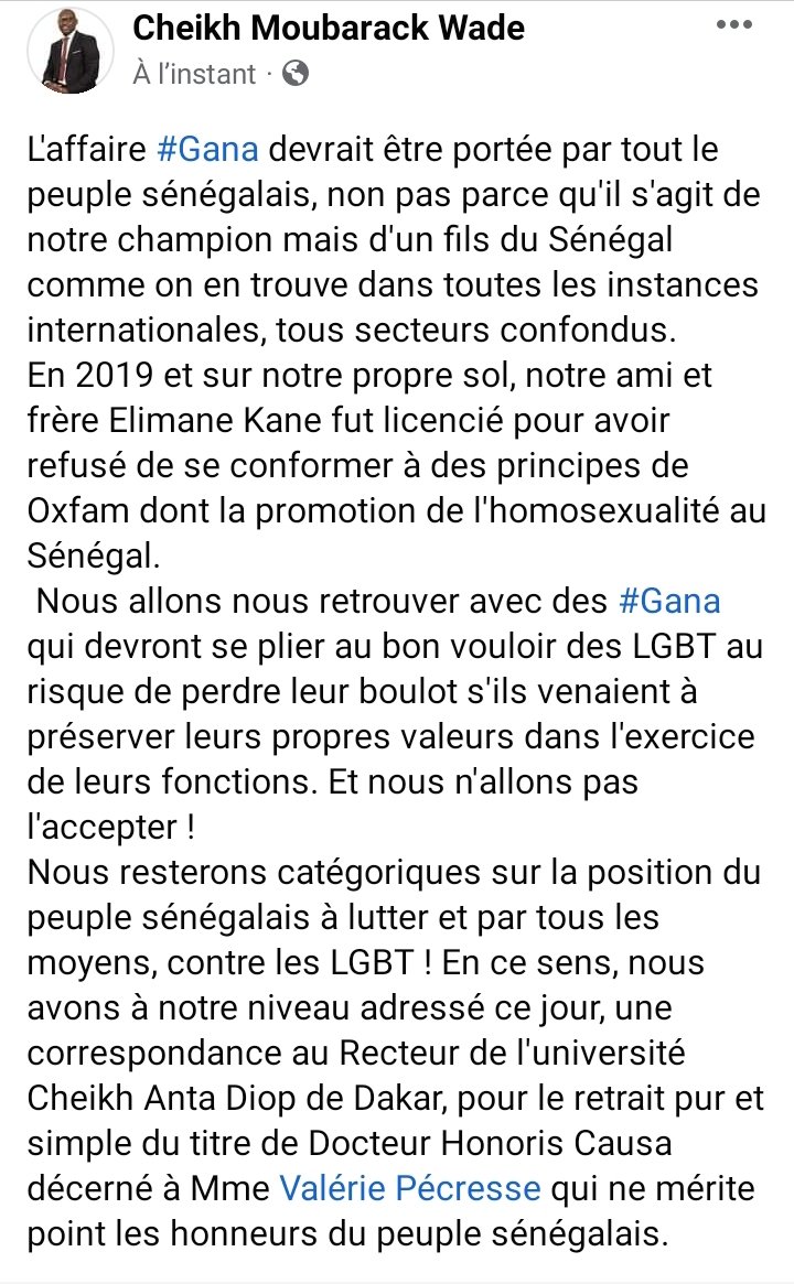 CheikhMoubarack's tweet photo. @vpecresse vous ne méritez les honneurs du peuple sénégalais, renoncez à votre titre de Docteur Honoris Causa que l'université Cheikh Anta Diop vous avez décerné ! 
#allgana https://t.co/a6d29zCry6