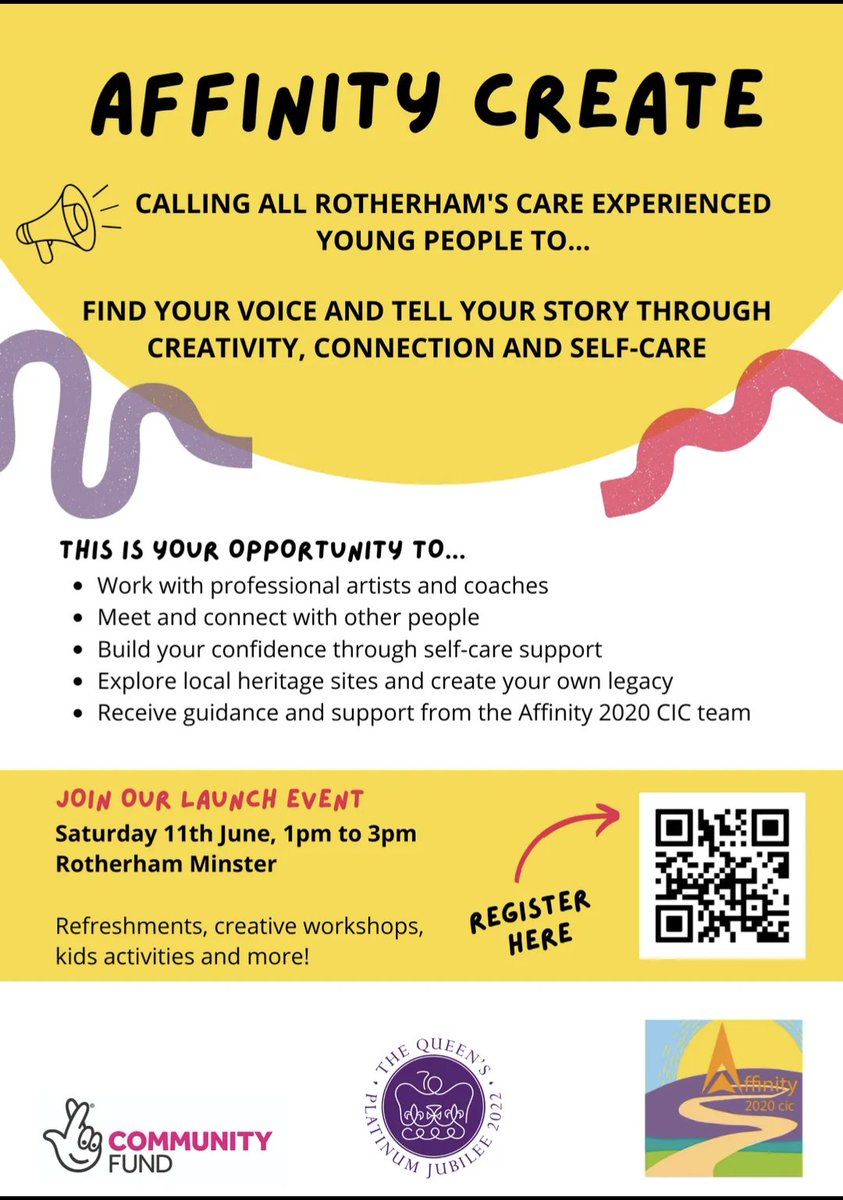 💜💜💜 𝔸𝔽𝔽𝕀ℕ𝕀𝕋𝕐 ℂℝ𝔼𝔸𝕋𝔼 💜💜💜Affinity Create is a two-year creative project exclusively for Rotherham's care experienced young people (11-25 years old) launching on Saturday 11th June. 
💜 Click here for more information and FREE tickets: bit.ly/3FAROQ3