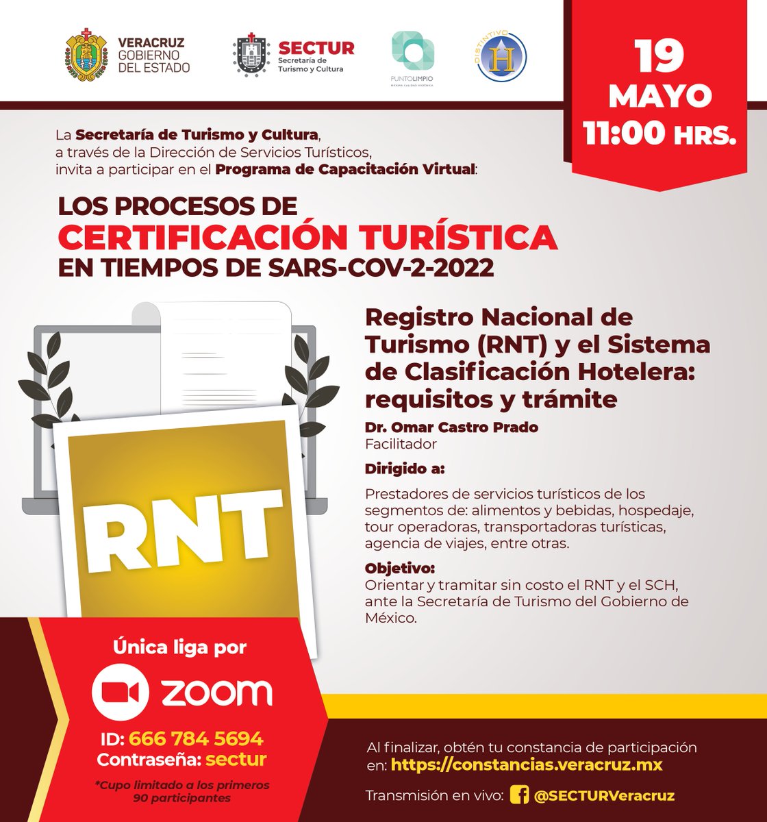 Se invita a los prestadores de servicios turísticos a participar en "Registro Nacional de Turismo y el Sistema de Clasificación Hotelera: Requisitos y Trámite"
19 de mayo 
11:00 horas
Datos para conectarte por zoom y obtener constancia al finalizar:
ID: 6667845694
Pass: sectur