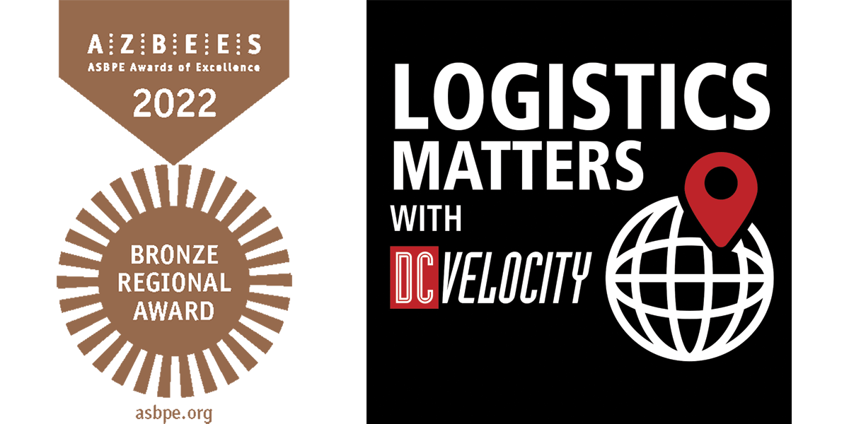 DCVelocity's tweet photo. We're proud to announce that our podcast, Logistics Matters, won an Azbee Award of Excellence from @ASBPE, the American Society of Business Publication Editors. Find out why. Listen at https://t.co/gT80wF93et #Azbees #logistics #podcasts #supplychain https://t.co/Uc4GuD4F4O