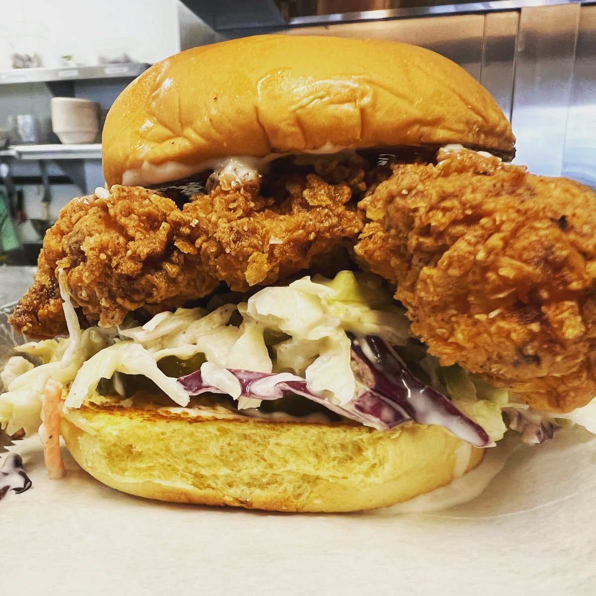 DelReyDeli's tweet photo. Buttermilk Fried Chicken - slaw, pickles, Alabama white sauce, martins potato bun

Soup: black bean https://t.co/OxIhI4mocQ