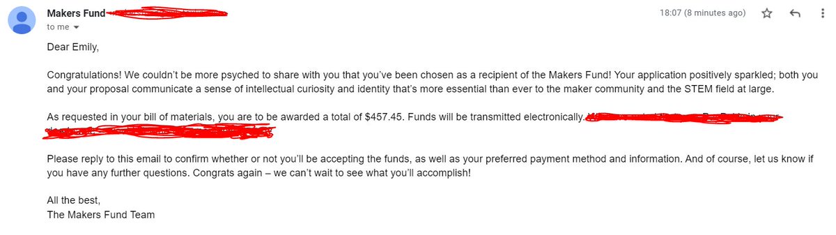 MakerEmilyLocke's tweet photo. Woo! My project idea got noticed by @XylaFoxlin 's Maker Fund Team! I'm super excited to get some funds for a neat project I've been wanting to do for a while, but lacked the resources to do. Thanks so so much! 💜💜💜 https://t.co/iLQAsUcL2r