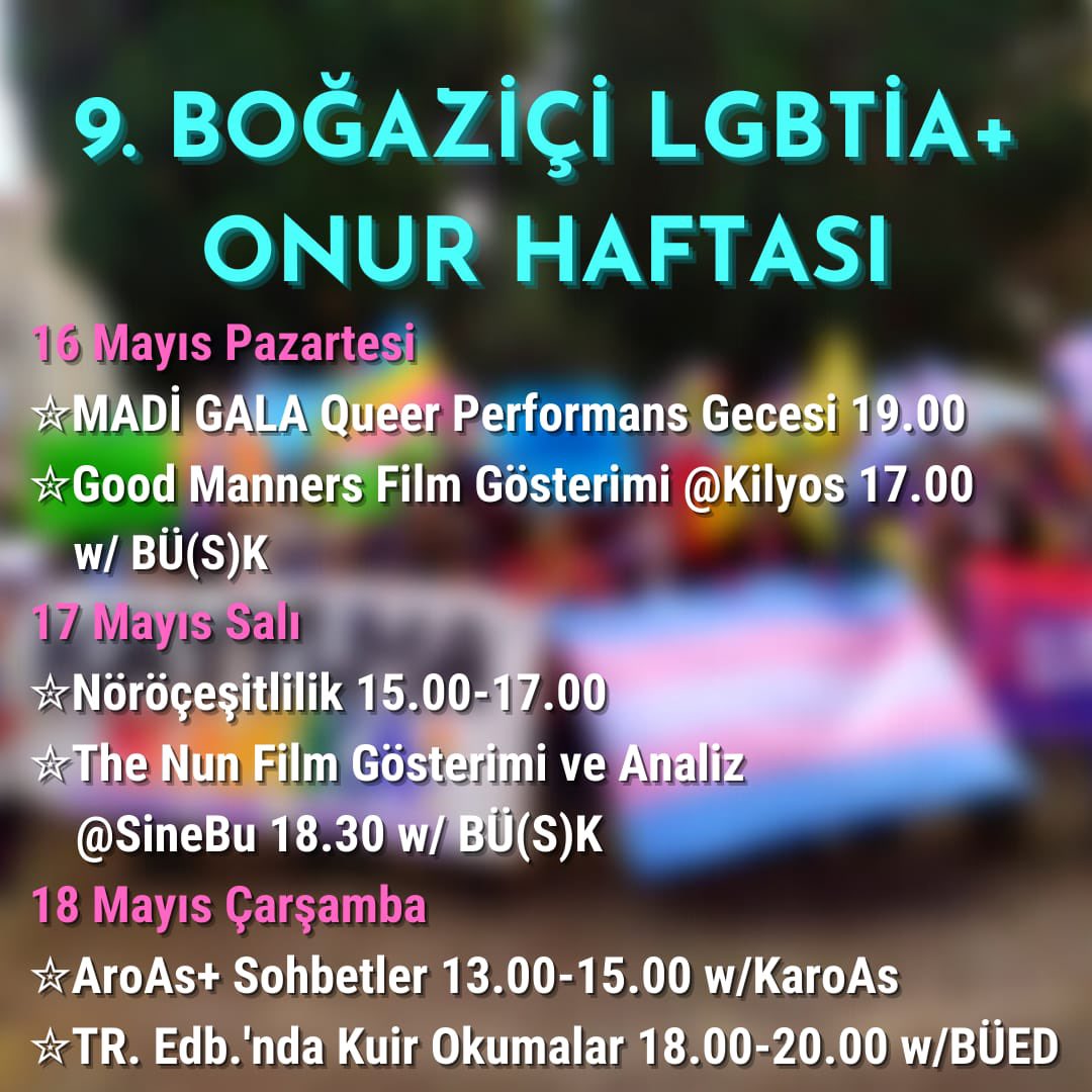 bogaziciLGBTIA's tweet photo. Madi Gala’yla bomba gibi başlayan, birbirinden güzel etkinlikleriyle 9. Boğaziçi Onur Haftası programıyla karşınızdayız! https://t.co/nVid9VQcmO