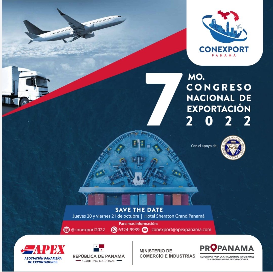 📣Nos complace informar que el 7mo Congreso Nacional de Exportación organizado por @apexpanama @micipma y @propanama.gob este año contará con el apoyo de la @cciyap 
Del 20 al 21 de octubre en el Hotel Sheraton Grand, convergerá el sector exportador de Panamá, ¡Le esperamos!