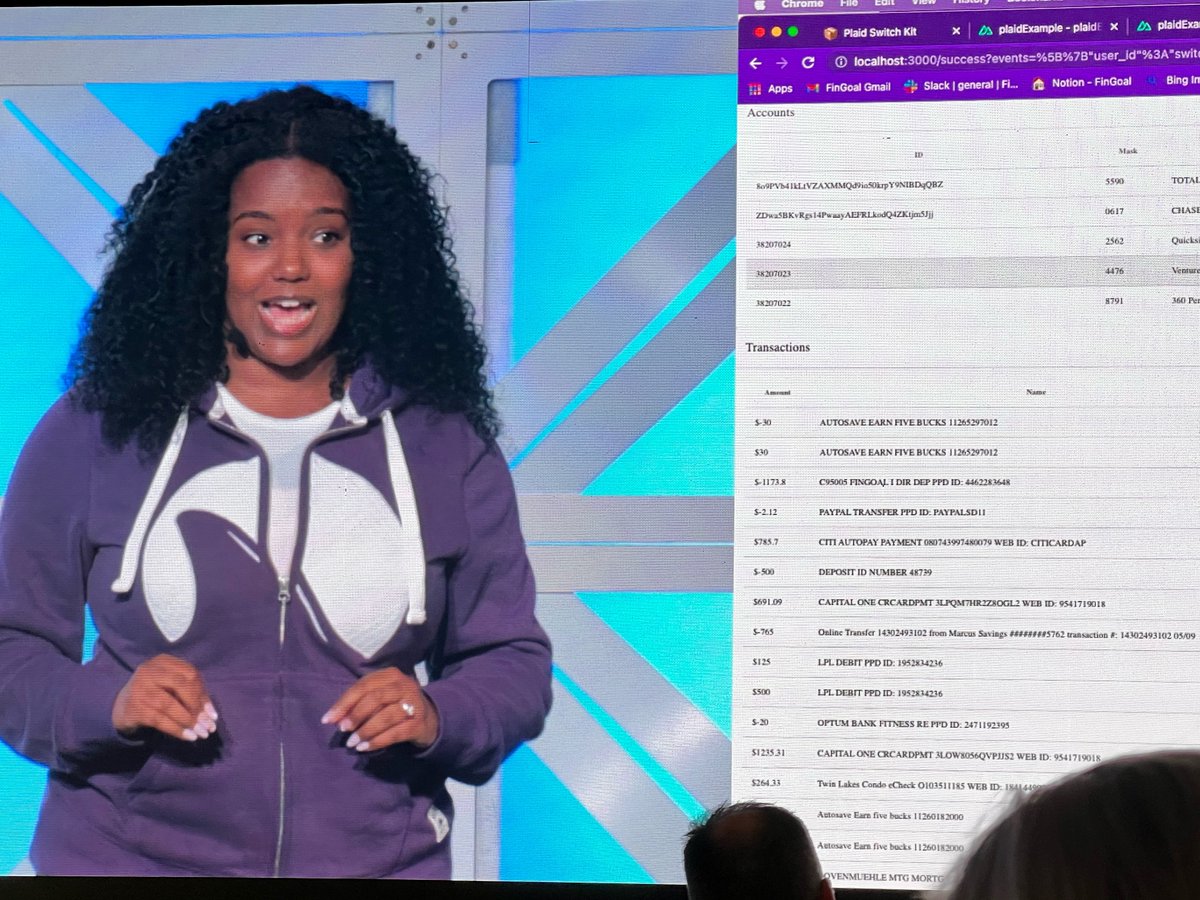 Fingoal on stage promoting a switch kit for aggregators to give fintechs the freedom to let the best data win. Nice UX idea for switching too. #finovate