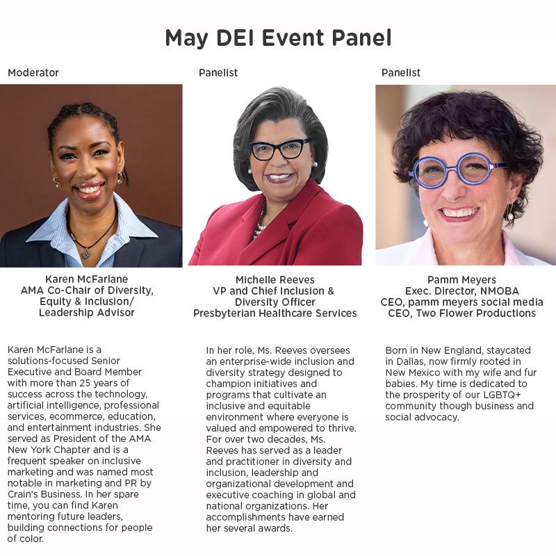 NewMexicoAMA's tweet photo. Meet our panel for tomorrow's Lunch &amp; Learn discussion on DEI issues. Join us Thursday at 11:30a. Registration closes tonight. More info at https://t.co/j2TtiQEUtb https://t.co/beclXz4z08