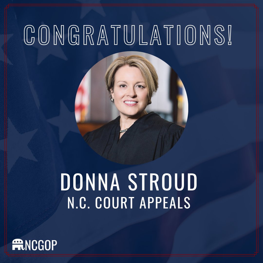 NCGOP's tweet photo. Congratulations to Donna Stroud, winning a Republican Primary for a seat on the N.C. Court of Appeals!

NC has a grounded leader at the Court of Appeals in Donna Stroud, and voters will reelect her in the fall to finally reject Democrats' Sue til Blue antics! #ncpol #election2022 https://t.co/4mBbebnrnk