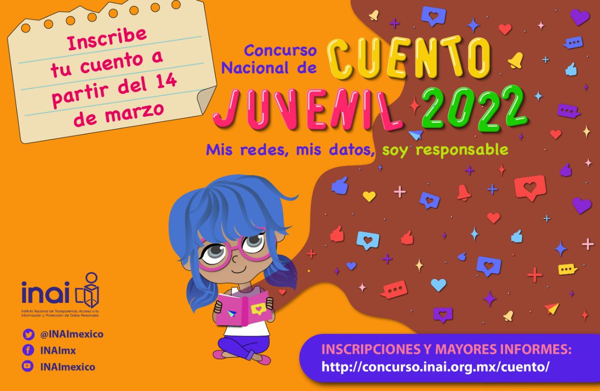 #Entérate 🧐

🎒¿Eres estudiante de secundaria, bachillerato o preparatoria y te gusta escribir? 

✳️Te invitamos a participar en el Concurso Nacional de #CuentoJuvenil 2022 'Mis redes, mis datos, soy responsable' del @INAImexico. 

Clic aquí: concurso.inai.org.mx/cuento/