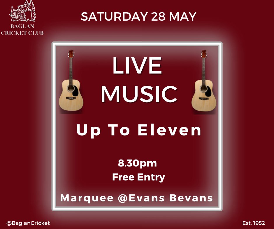BaglanCricket's tweet photo. 📅 Saturday 28th May 🏏🎸

Following the first XI fixture against Tata Steel, join us for some live music with "Up To Eleven" in the marquee at Evans Bevans! 🍺🍷 #UppaBoars #livemusic https://t.co/ZI0ScWKveZ