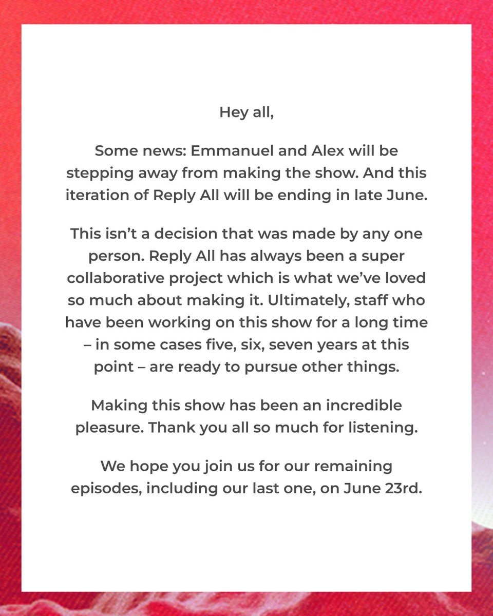 replyall's tweet image. A message from the staff of Reply All: