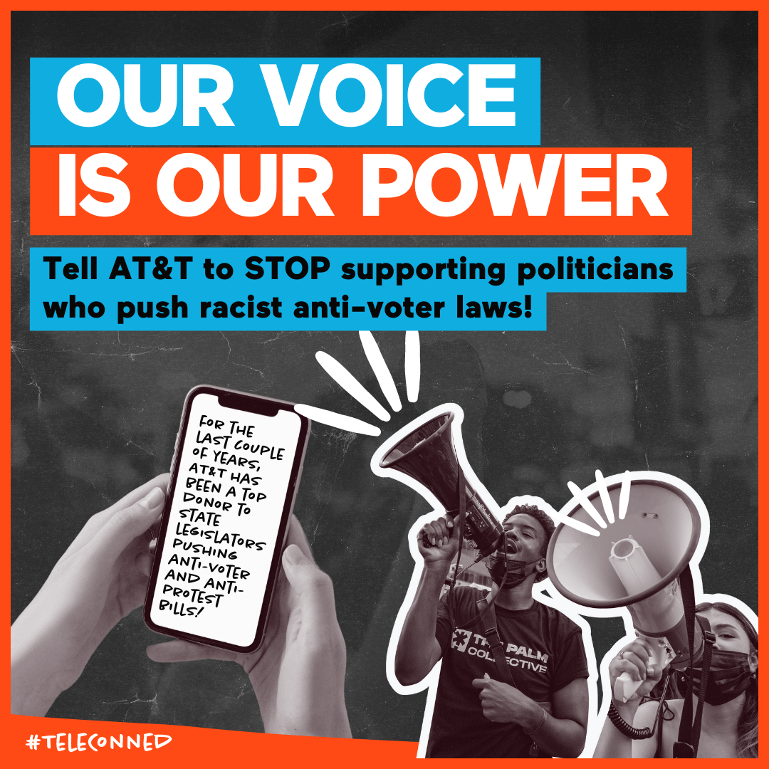 popdemoc's tweet photo. Corporations like @ATT are supporting politicians who are trying to take the freedom to vote away from communities of color. Don’t be #TeleConned! https://t.co/KKMynFz0zJ