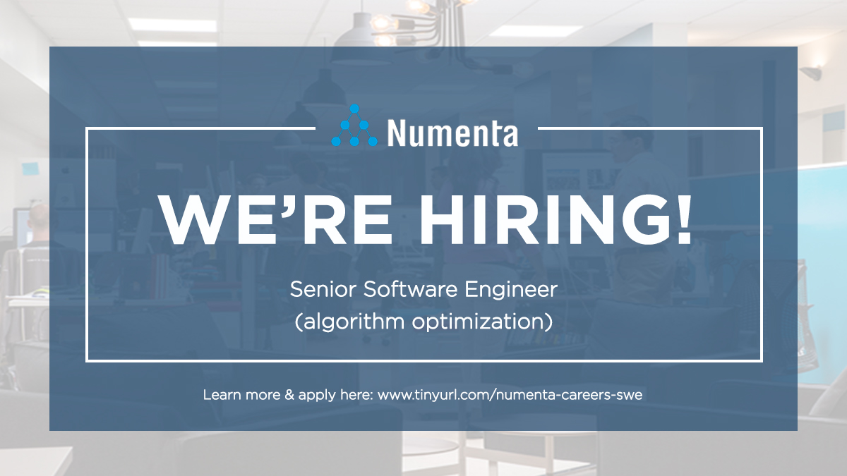 Numenta's tweet photo. Want to work on the cutting edge of AI? We are #hiring! @Numenta is looking for a Sr Software Engineer to join our small core Machine Learning Architecture team.  

Learn more and apply here: https://t.co/A6XX22aGZr

#jobalert #swe #machinelearning https://t.co/gqbqXy8z7g