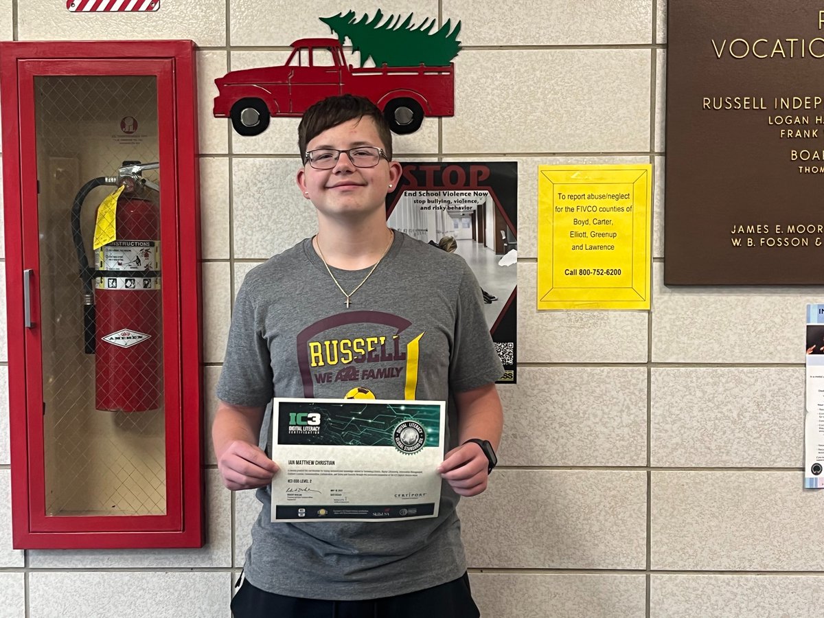 AtcRussell's tweet image. RATC News:  Congratulations to Ian Christian!  He passed his IC3 Exam today in Computer Science!  Super proud of Ian!  Way to go, Mrs Phipps! @Russell_Updates @CTEWorks