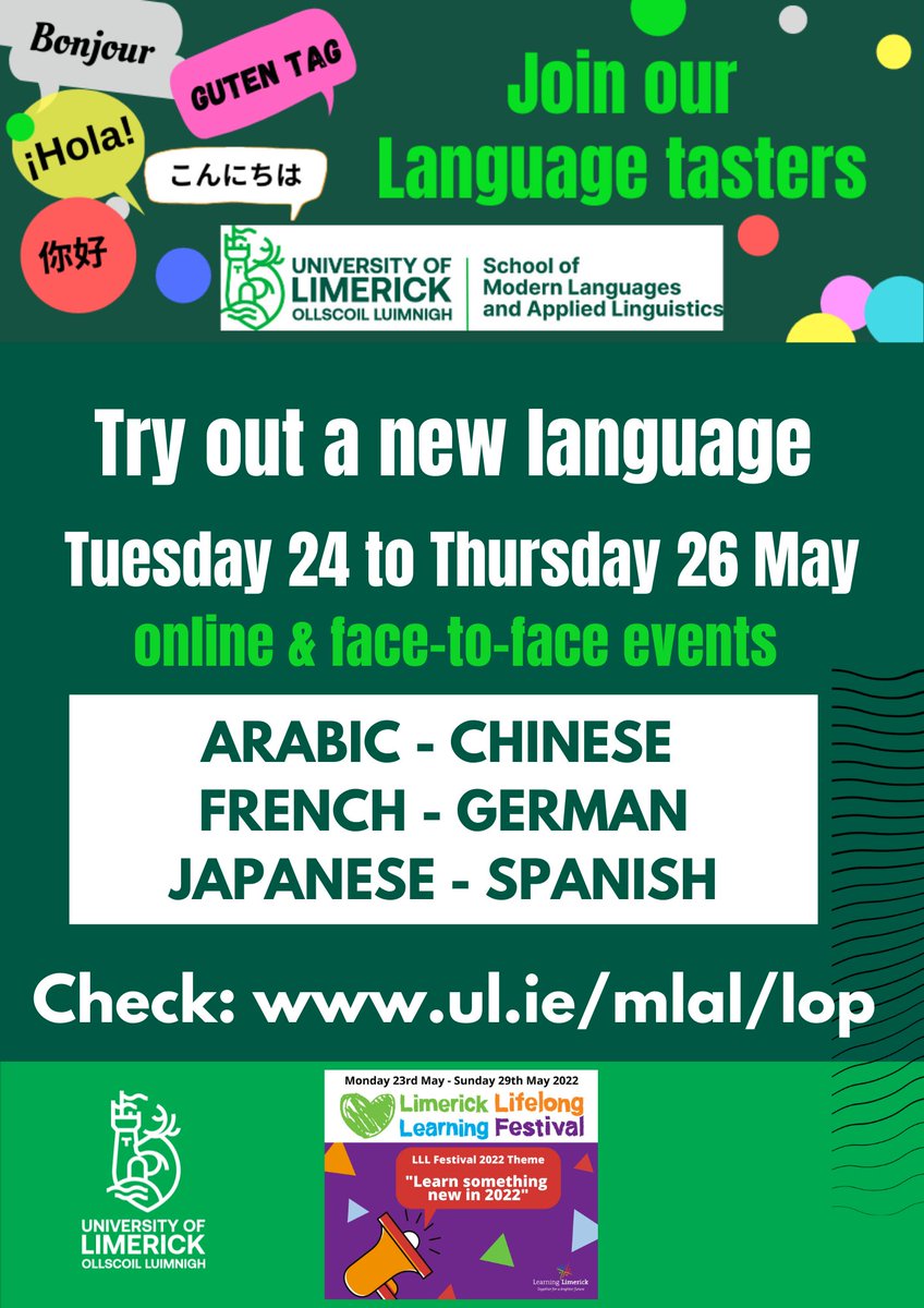 Hoping to meet many language enthusiasts next Wednesday for our @LimkLearnFest Language Tasters Want to try out French, Spanish, German, Chinese, Japanese or Arabic? Then join us! Visit ul.ie/mlal/lop for schedule & access links or register here: forms.office.com/r/H8LnaWxZYw
