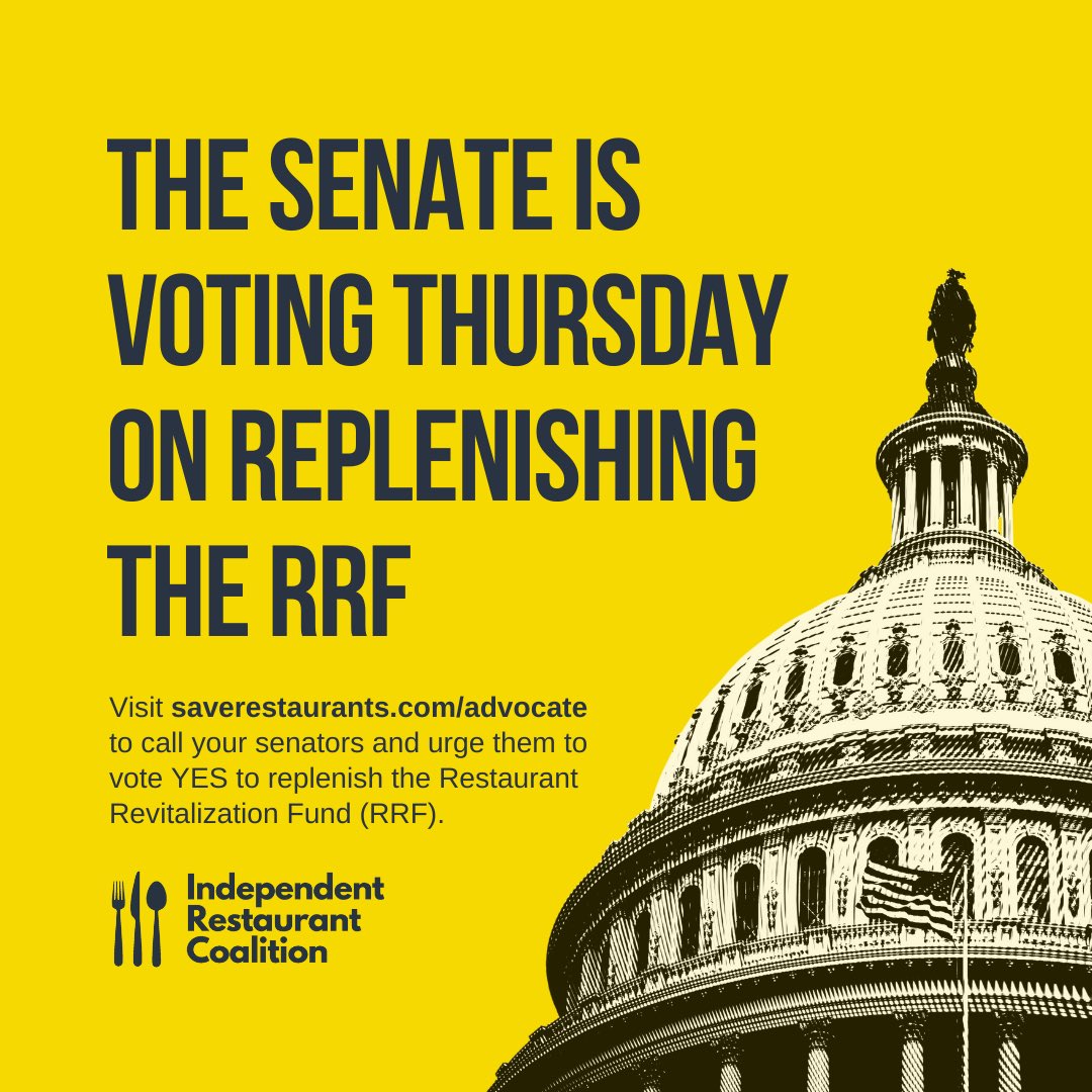 Tomorrow, the Senate will vote on replenishing the Restaurant Revitalization Fund. Call your senators at (202) 224-3121. Urge them to vote YES to deliver urgent relief for nearly 200K restaurants.
Script + talking points at saverestaurants.com. #SaveRestaurants
