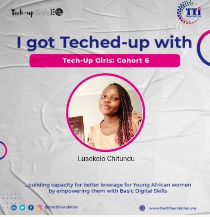 LusekeloChi1's tweet photo. Hi there!
I have been selected for the Tech-Up Girls Bootcamp Cohort 6
Why Tech? Technology is knowledge and once applied it makes life easier for us and makes our everyday life as we know it possible.
#techupgirls #techupgirls6 #techupgirls6group5 #techytrain #thettifoundation https://t.co/gFuRQPBsvr