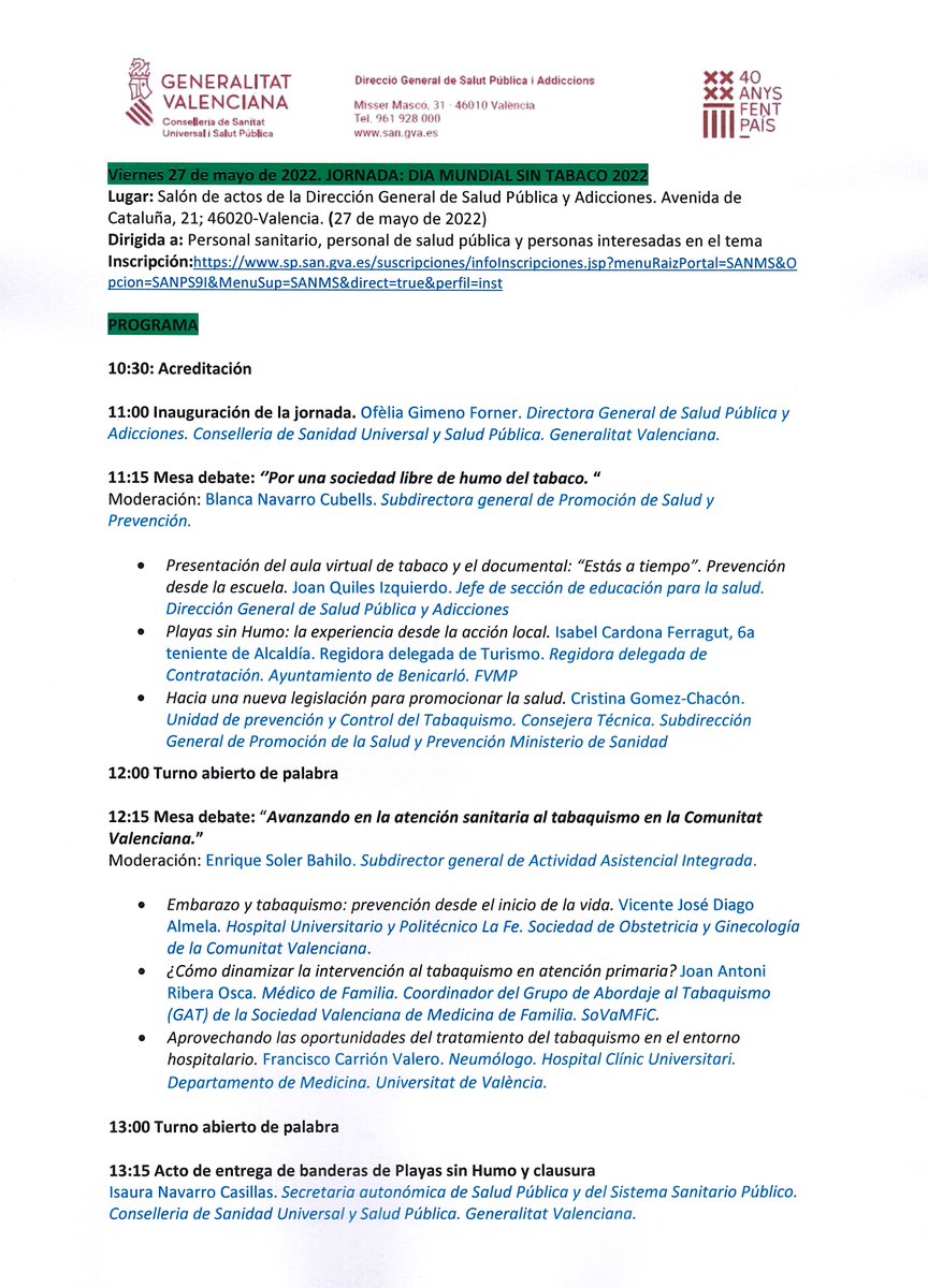 IMV1841's tweet photo. Jornada del día mundial sin tabaco 2022. 
Tendrá lugar el 27 de mayo en el Salón de Actos de la Dirección General de Salud Pública y Adicciones. Av. de Cataluña, 21.
El acto empieza a las 10.30 con la entrega de la acreditación. https://t.co/C3UlQNkEhN
