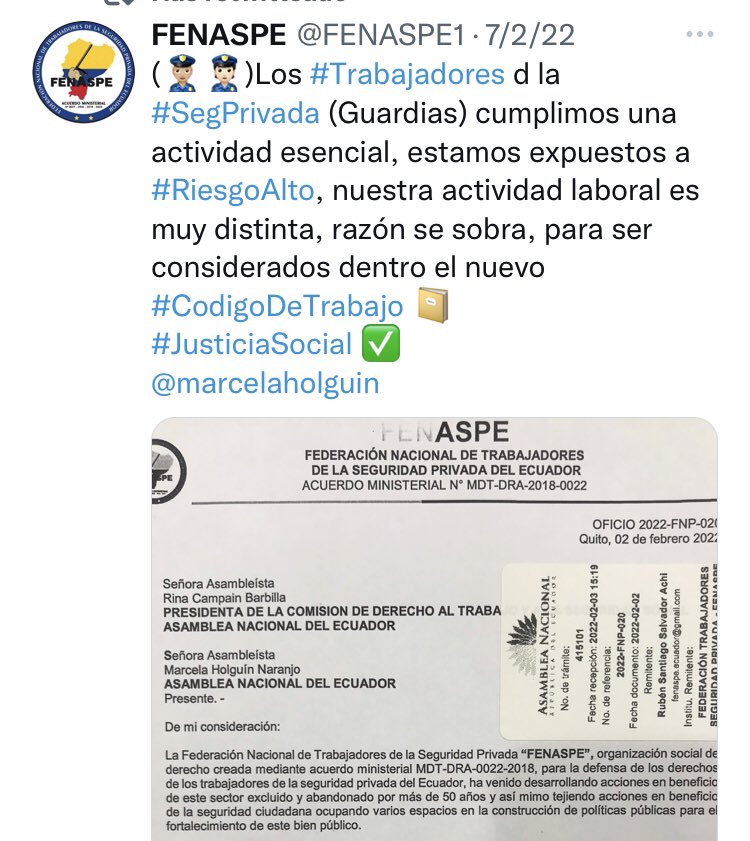(🚨)Con fecha 03/Feb/22, ingresamos oficio a la <a href="/LaboralAN/">Comisión del Derecho al Trabajo y Seguridad Social</a> cc <a href="/marcelaholguin/">Marcela Holguín</a> a fin de ser recibidos y participar en la construcción del nuevo #CodigoDeTrabajo donde por #JusticiaLaboral deben constar los trabajadores d la #SegPrivada los #Guardias
<a href="/SalvadorQuishpe/">SalvadorQuishpeReal</a> 
<a href="/RinaCampainB/">Rina Campain</a>