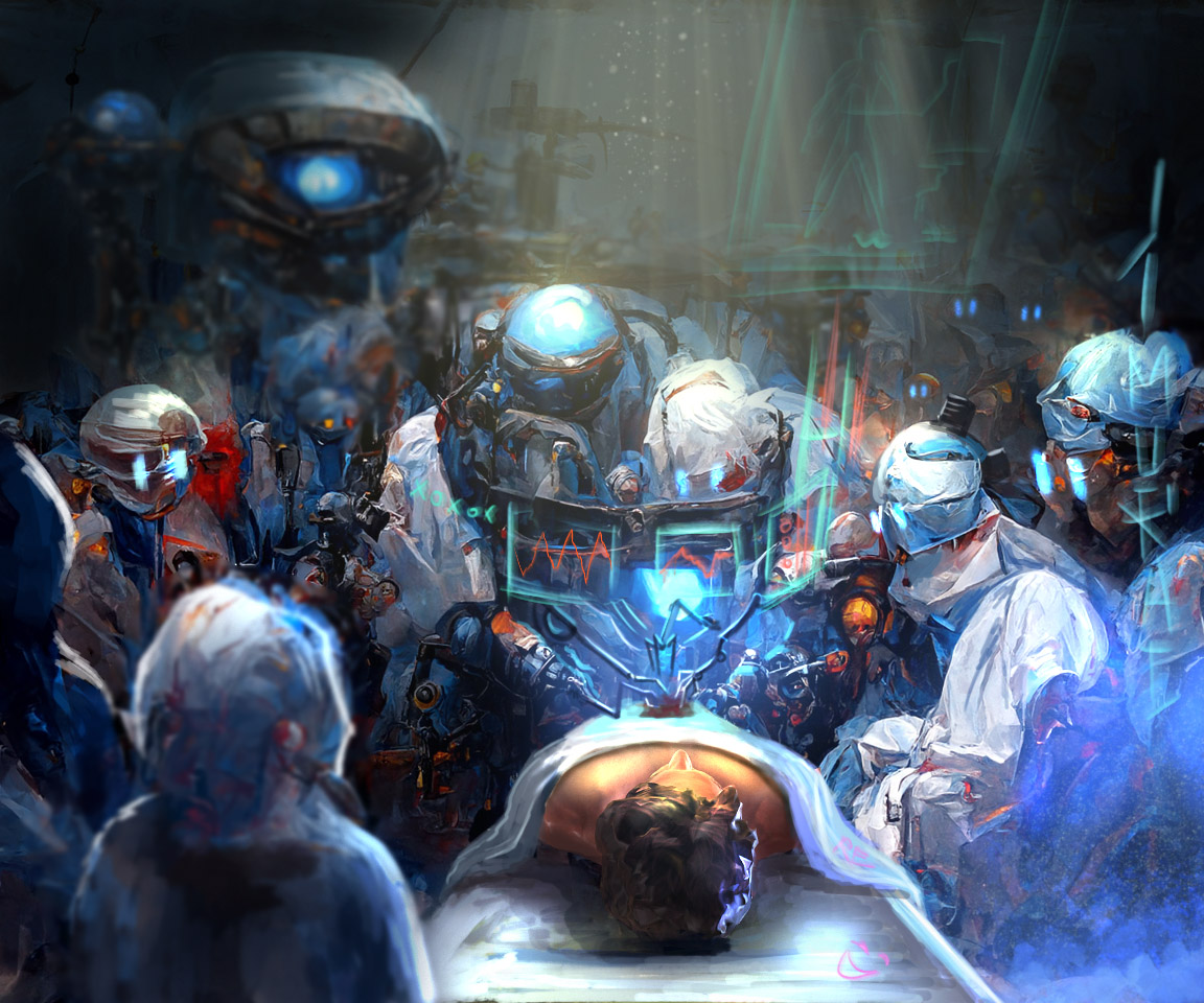 JimuraiJ's tweet photo. "Medical Emancipation" 
Will you be afraid to let 100% efficient Robot surgeons work and fix you? Thats the advancement of med and tech in Bluria region of RE. Without fatigue, dozens of cyborg doctors work their magic on all in need

#conceptart  #nftart #radiantenclave https://t.co/I982GsPtYM