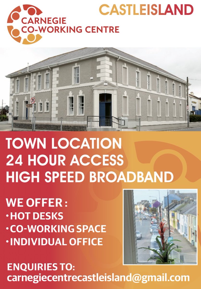 castleisland_c's tweet photo. Looking for a Co-Working space, hot-desking or private office at the #GatewayToKerry fantastic value and flexibility available in Castleisland DM @carnegie_hub https://t.co/dtEK4Q0dq1