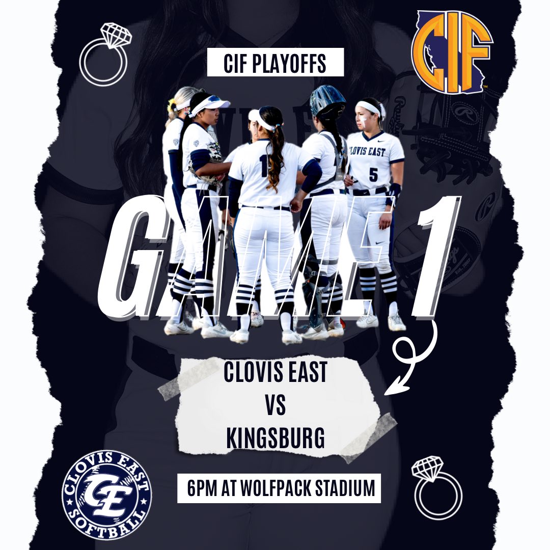 Playoffs Round 1🤘🏽

🆚 Kingsburg High School 
📍 Wolfpack Softball Stadium 🏟️ 
⏰ 6:00 p.m.