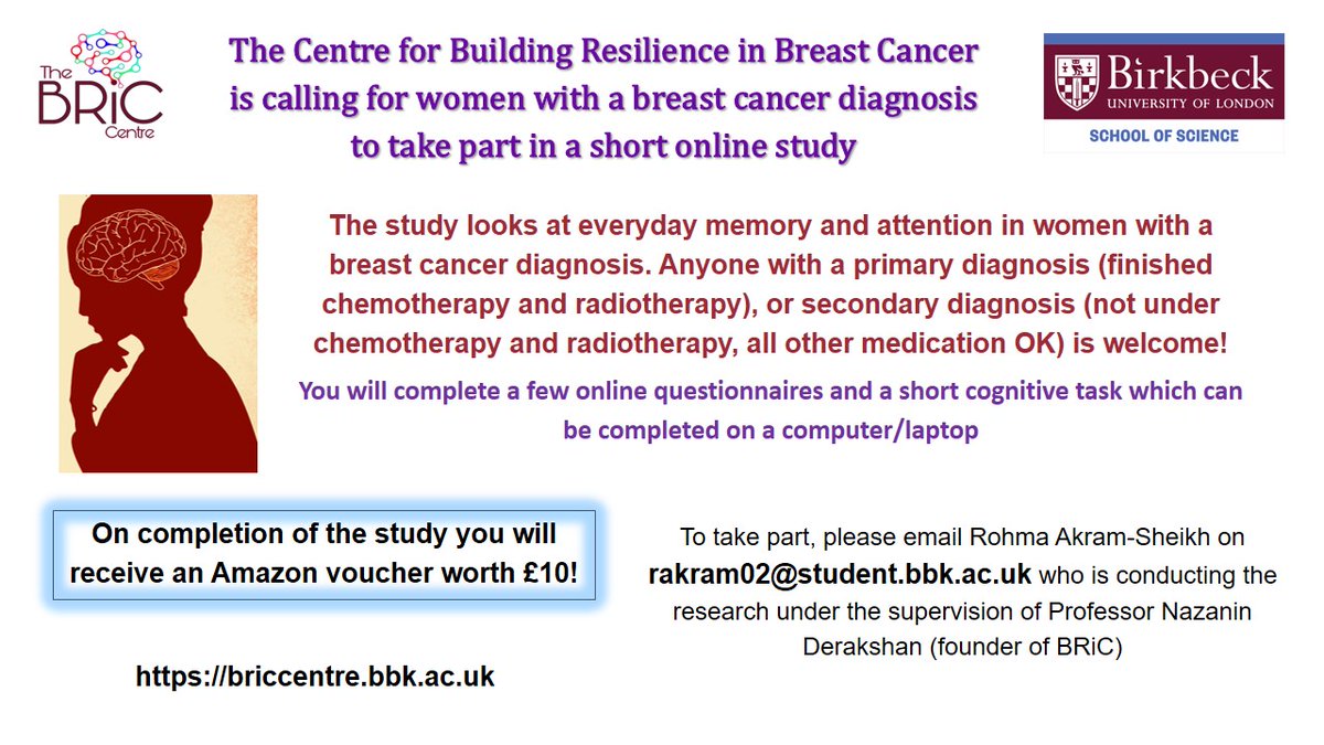 Calling women with #breastcancer dx to complete an online survey on lapses in everyday memory and attention. £10 gift voucher and it takes about half an hour. Email Rohma Akram my MSc student for the link rakram02@student.bbk.ac.uk 🙏👇see poster 👇 #secondarybreastcancer