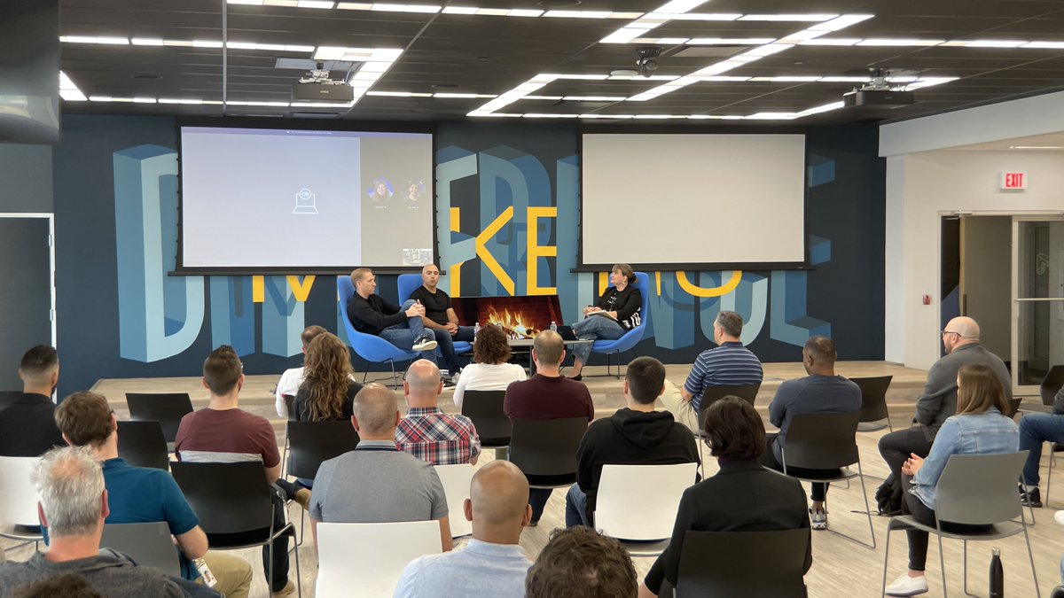 ThisIsMagnet's tweet photo. We are THRILLED to be back in our office enjoying #TheBIGRoom again! Today, some of our #Magneteers got together in-person for a Fireside Chat with CEO Adam Belsher and CTO/Founder Jad Saliba. #DifferenceMakers #BetterTogether #Leadership #JoinOurTeam https://t.co/fe5YDnJLL7