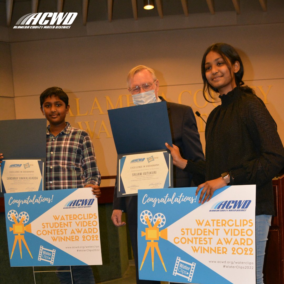 AlamedaCountyWD's tweet photo. Congratulations to our 2022 WaterClips Student Video Contest Award Winners Srijani Vutukuri, Grade 7 & Sanshray Vakkalagadda Grade 6 who placed 2nd for middle school! View the winning videos here: https://t.co/6R0Dhid5lD @USDFremont @Fremont_CA #WaterClips2022 #saveourwater https://t.co/NmsiF3cRVl