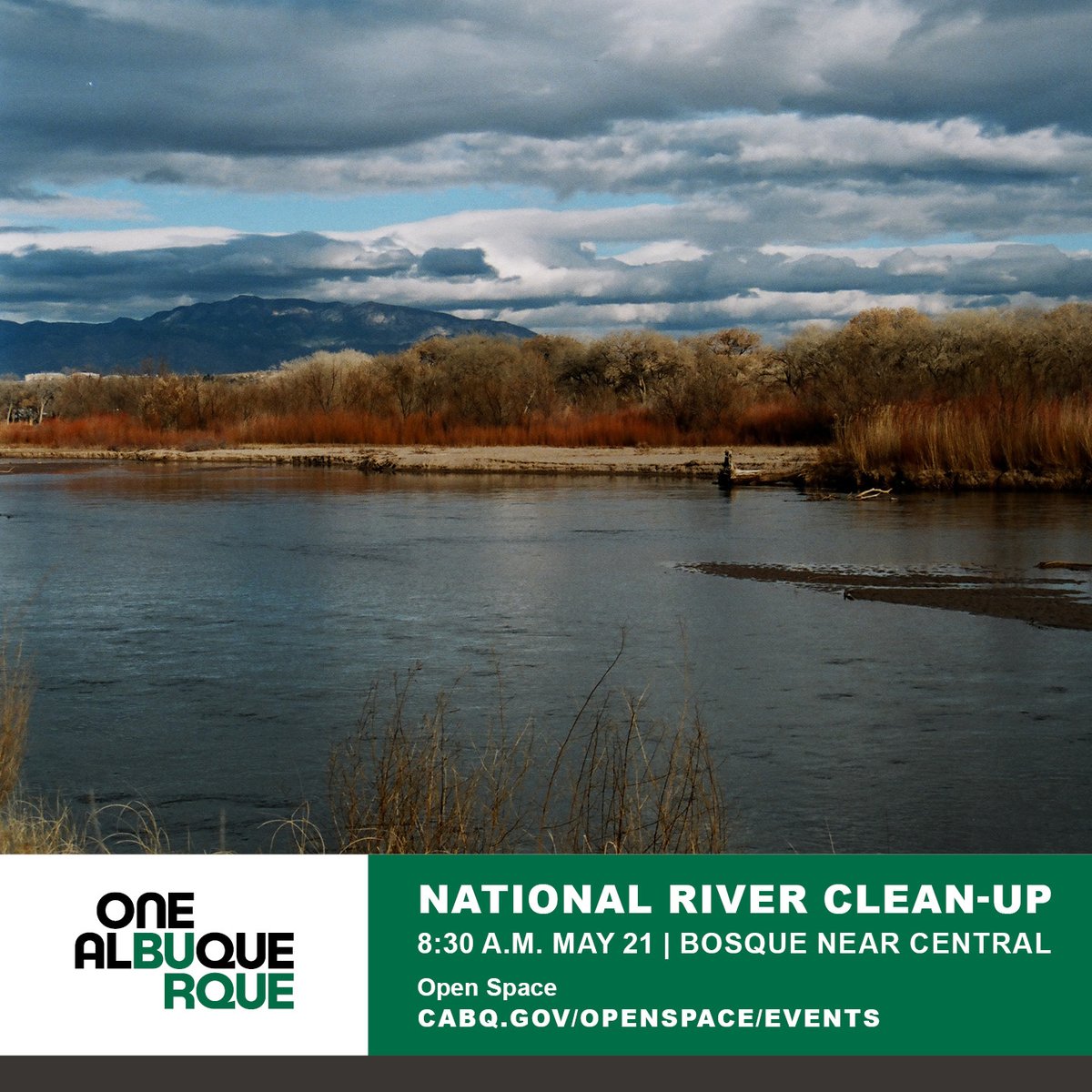 National River Clean-up is this weekend! Join us at the Bosque near Central at 8:30 a.m. on May 21. Enjoy snacks, pick your project, &amp; get cleaning! You can also organize your own clean-up or clean on the river if you own a boat. cabq.gov/parksandrecrea… #OneAlbuquerque