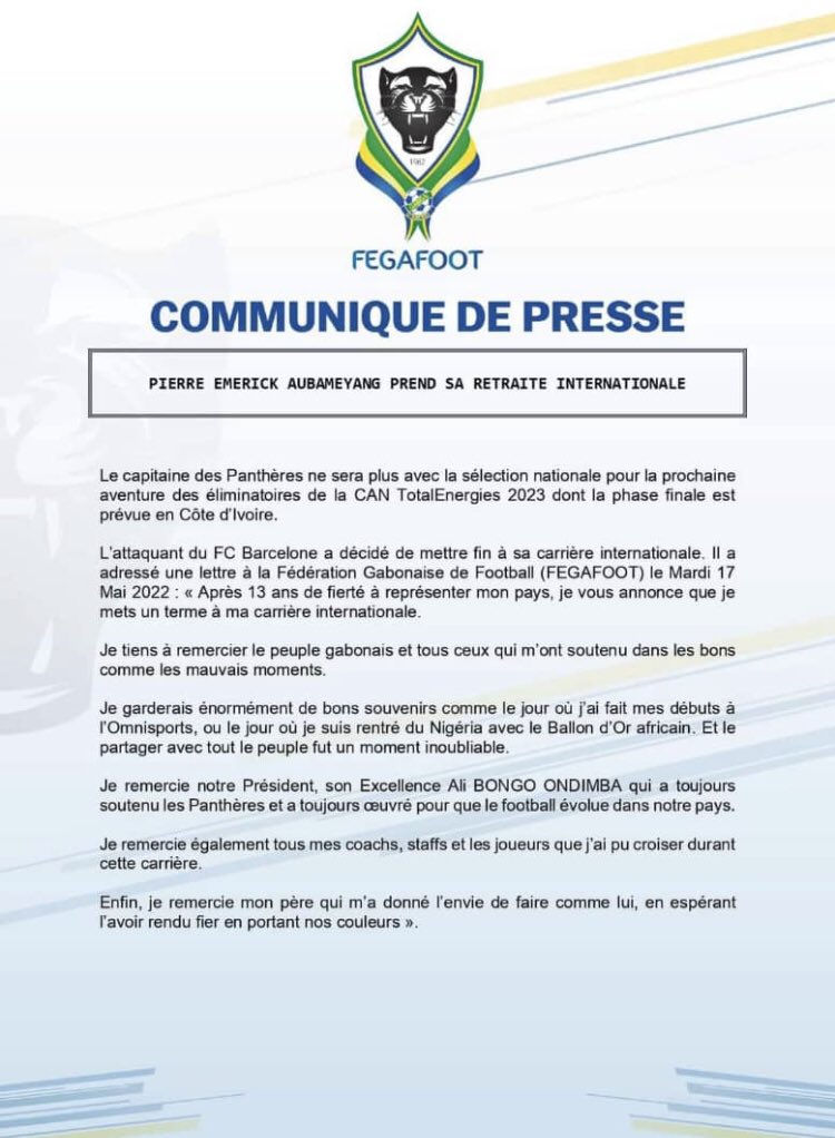 GabomaSport's tweet photo. @Auba  capitaine des panthères du gabon annonce sa retraite internationale dans un courier adressé a la @fegafoot_gabon https://t.co/8lT3qqEq88