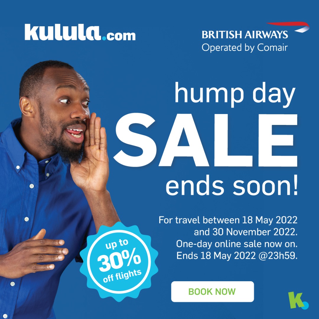 The clock is ticking… grab your seat before it’s too late! It's the kulula Hump Day sale with up to 30% off flights.  Hurry, hurry, hurry... offer ends at midnight tonight. bit.ly/3wm09V0  #kululaSale #humpday