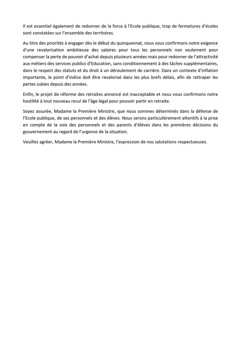 Courrier #intersyndical à Madame la Première ministre #ElisabethBorne #AESH #AED #pROF #Enseignant #pointdindice #revalorisation #salaire #précaire #retraite #postes #EducationNationale