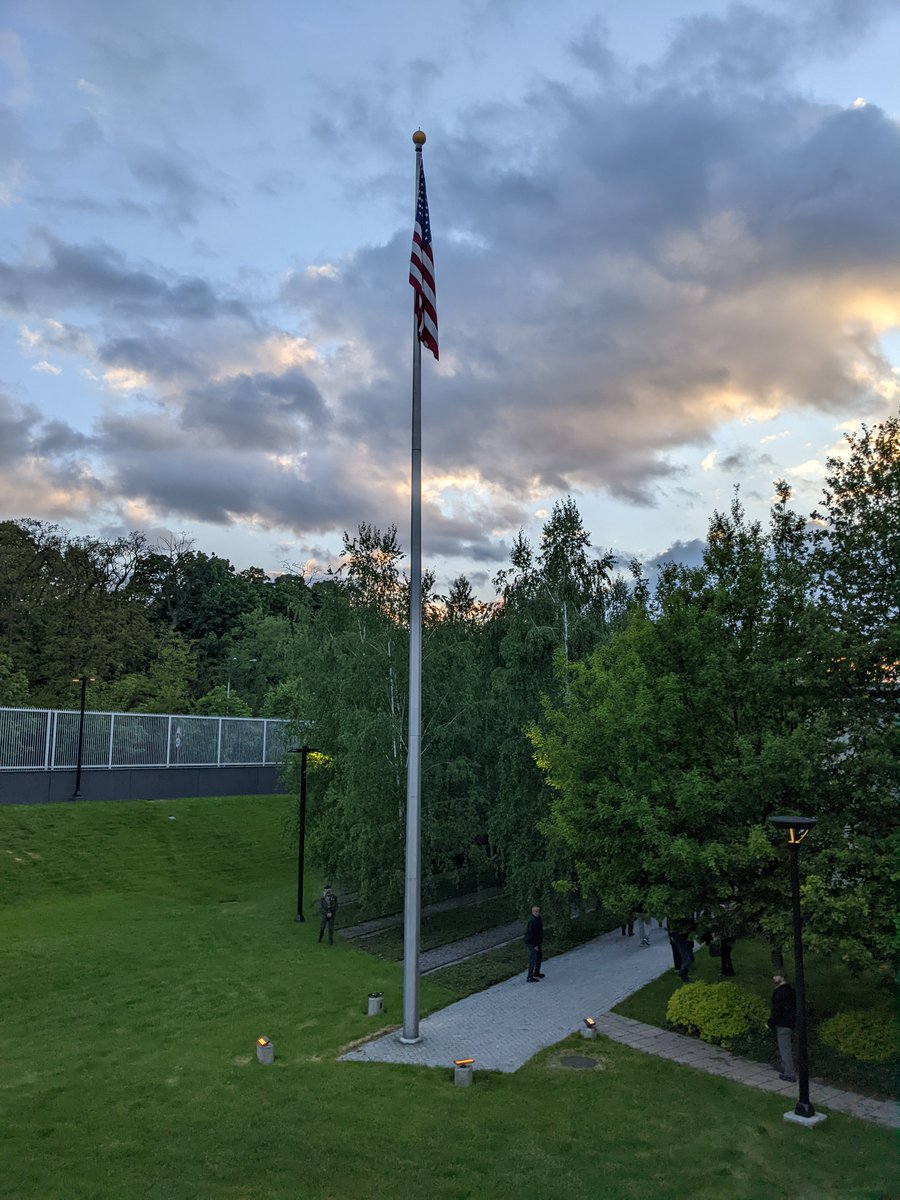 SecBlinken's tweet photo. The Stars and Stripes fly again over Embassy Kyiv. I can announce that we have officially resumed Embassy operations in Ukraine’s capital. We stand proudly with the government and people of Ukraine as they bravely defend their country from Putin’s brutal invasion. Slava Ukraini! https://t.co/lGRdzqbVbG