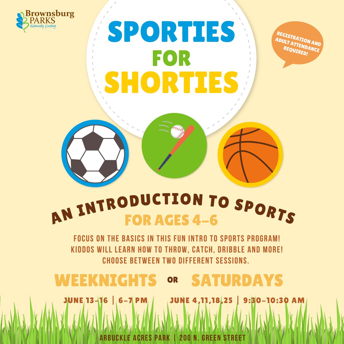 Brownsburg Parks (@brownsburgparks) on Twitter photo Only a few spots left in our NEW Sporties for Shorties program!
Try our NEW Sporties for Shorties program for ages 4-6! Kids ages 4-6 will try soccer, t-ball, and basketball.
Weeknight Sessions:
anc.apm.activecommunities.com/brownsburgpark…
Saturday Sessions:
anc.apm.activecommunities.com/brownsburgpark… Only a few spots left in our NEW Sporties for Shorties program!
Try our NEW Sporties for Shorties program for ages 4-6! Kids ages 4-6 will try soccer, t-ball, and basketball.
Weeknight Sessions:
anc.apm.activecommunities.com/brownsburgpark…
Saturday Sessions:
anc.apm.activecommunities.com/brownsburgpark…