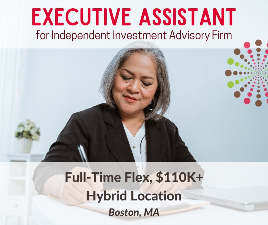 New Job! Executive Assistant, FT flex, hybrid location (Boston, MA). 5 years admin experience, MS Office, Sharepoint &amp; financial services a plus. See more and apply: bit.ly/3Lmkxts 

#flexiblework #AdminJobs #hybridwork