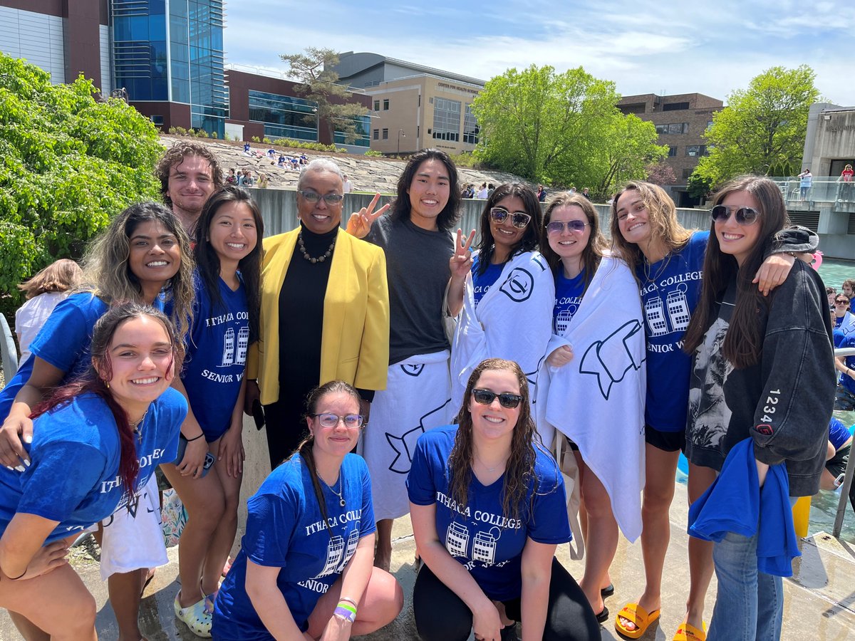 IthacaCollege's tweet photo. The amazing IC Class of 2022 enjoyed the mild weather on South Hill with President La Jerne Terry Cornish on #SeniorSplash day. Congratulations! #IthacaCollege @ICAlumni https://t.co/CnzaCoiP7Q