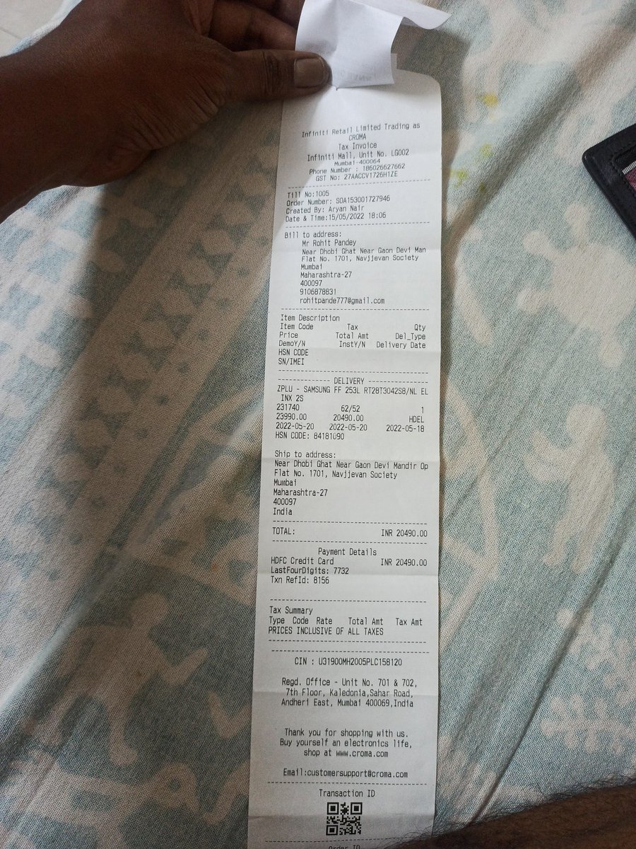 1604Rohit's tweet photo. And still no confirmation is provided i always go croma for any product but now I not recommend any one for this 
Bad impact on me i lost my 3 day I had taken leave waiting for this product i have loss of my 3 pay day work who will be responsible @cromaretail https://t.co/9XE1gMR9yX