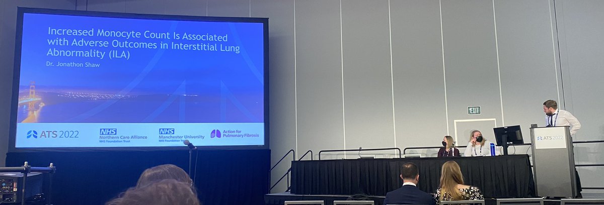 ConalHayton's tweet photo. Well done to Jonny Shaw who presented our work on Monocytes in ILA from @NCAlliance_NHS and @MFTnhs.  He was fortunate to receive a travel bursary from @ActionPFcharity to allow him to come to San Francisco and present at #ATS2022. @runNGman https://t.co/xb1oXBXaBB