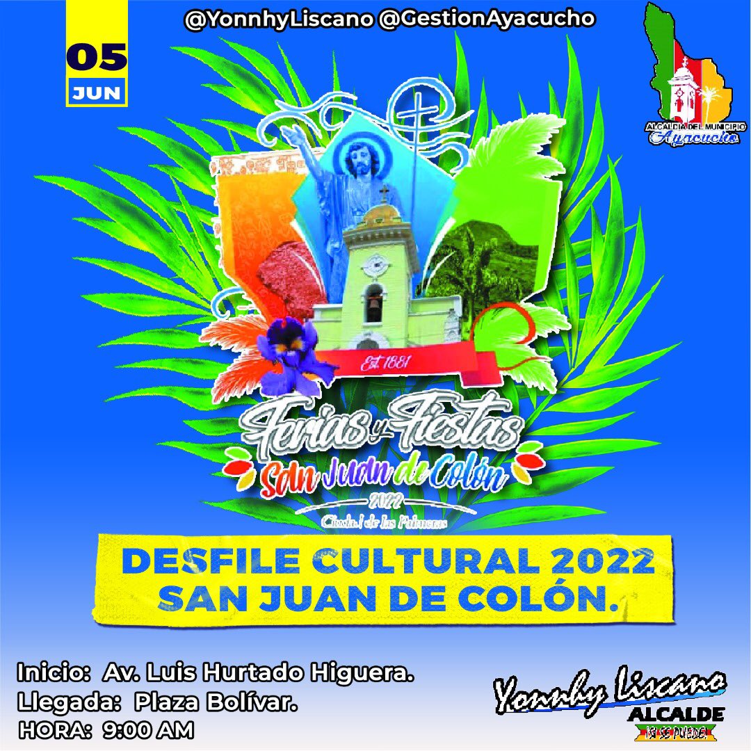 Estamos felices porque vuelven las Ferias y Fiestas de San Juan de Colón, iniciando con su Gran Desfile Cultural🙌🏻

El Domingo 05 de Junio, iniciamos en la Av. Luis Hurtado Higuera y finalizamos en la Plaza Bolivar

Seguimos rescatando las tradiciones y la cultura #SiSePuede