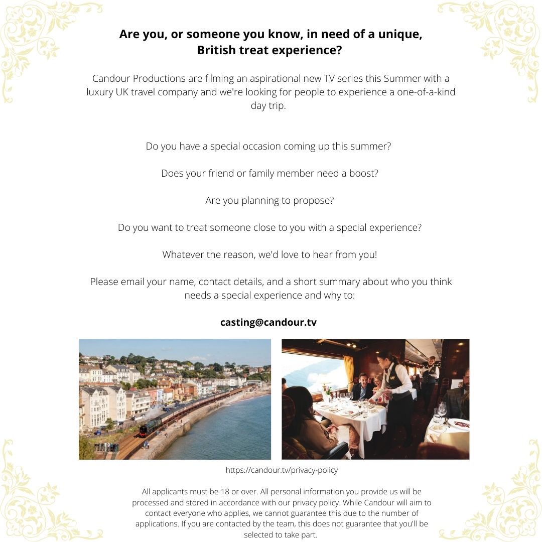CandourTV's tweet image. Are you, or someone you know, in need of a unique British treat experience? 
 
We're making an aspirational new series this Summer with a luxury UK travel company and are looking for people to take part. 
 
Please SHARE and email casting@candour.tv to find out more!’