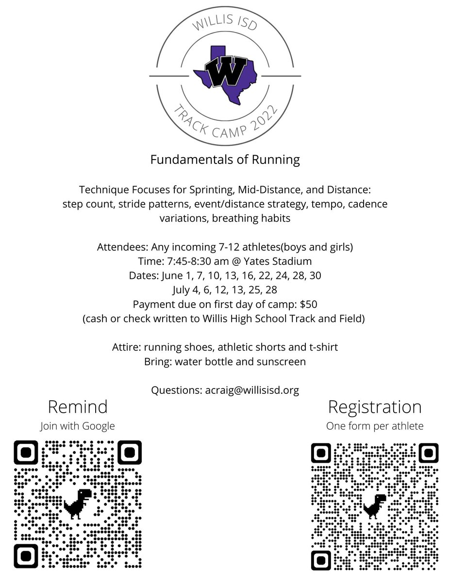 Track camp is open to all athletes incoming 7-12th grade!
<a href="/WildKatsTF_XC/">Willis XC/Track &Field</a> <a href="/WISDAthletics/">WISD Athletics</a>