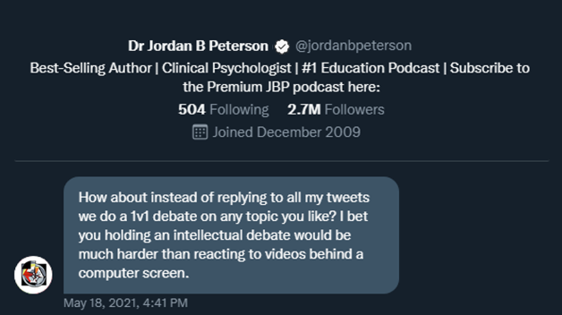 HasanabiProd's tweet photo. I think Jordan Peterson wanted to debate Hasan but he dm'd me instead lmaooo https://t.co/uch8D5h8ED